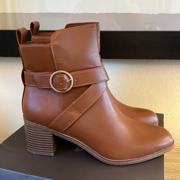 NIB, Style & Co. Rosaliee Belt Booties in Vegan Cognac Leather. - Picture 6 of 11